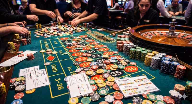 Multiple chip arrangements showing different roulette betting strategies on one table