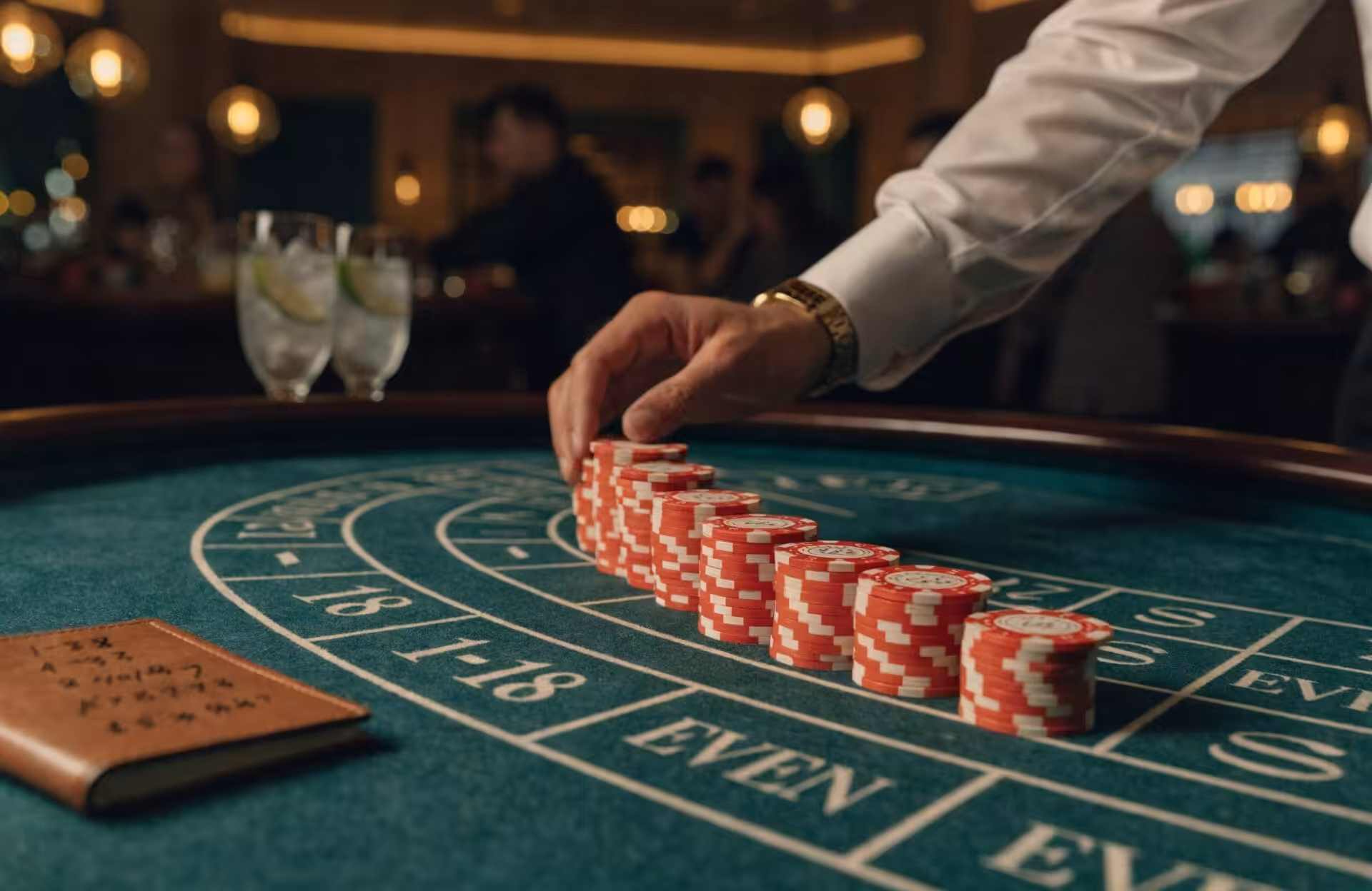 Chip stacks arranged in Fibonacci progression on roulette table — 1, 1, 2, 3, 5, 8 betting sequence