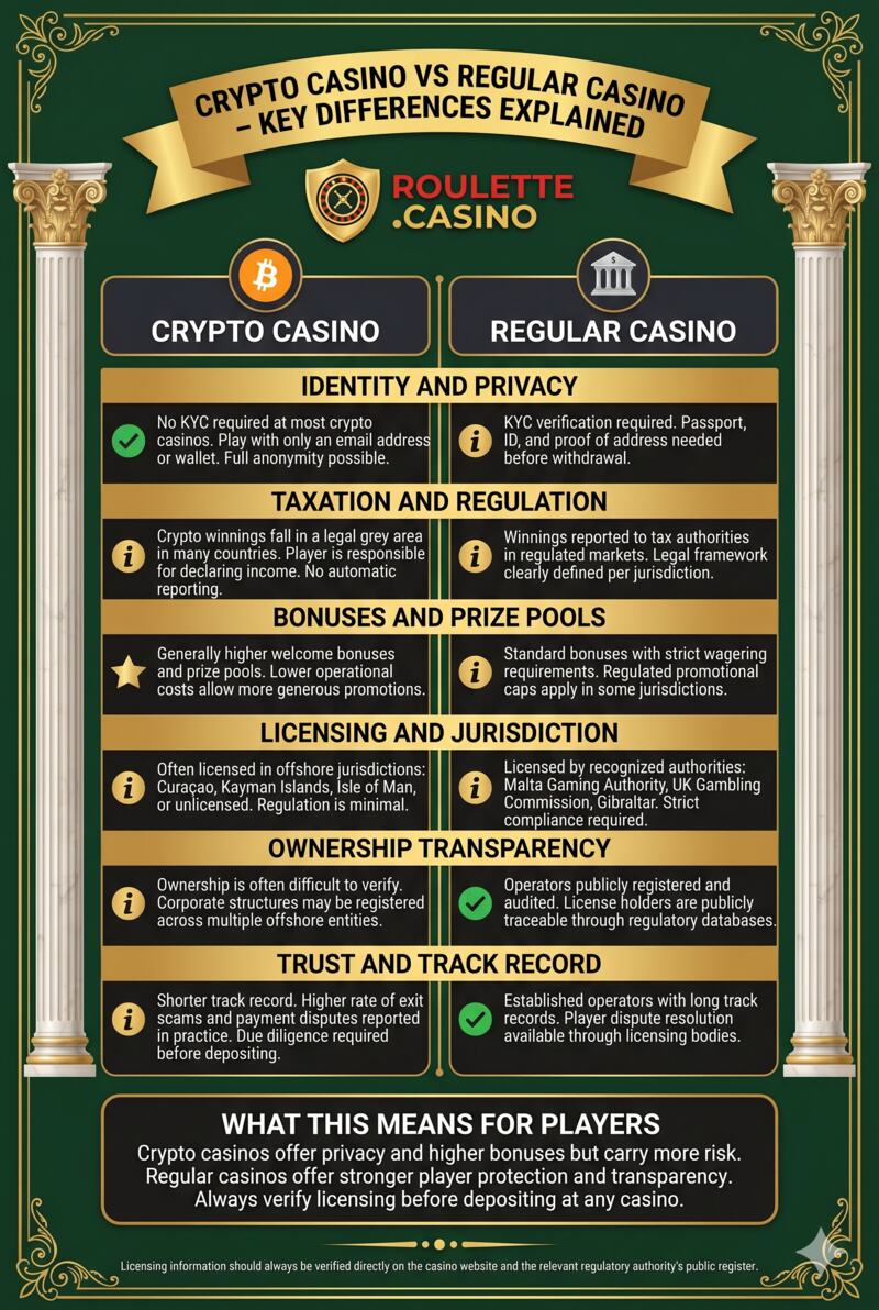 Crypto casino vs regular casino — privacy, licensing, bonuses, ownership transparency and trust compared