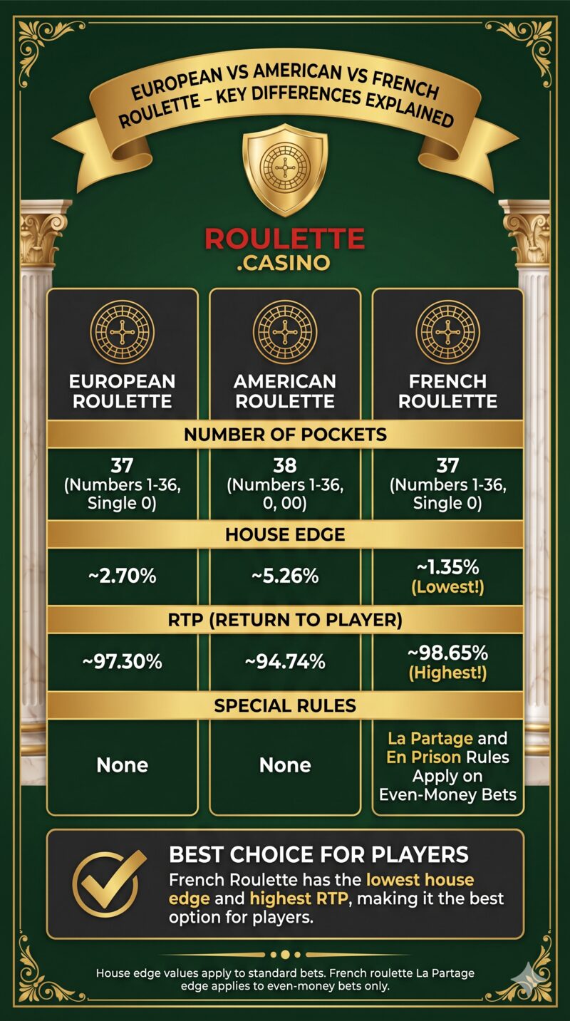 European vs American vs French roulette — house edge, RTP, pockets and special rules compared