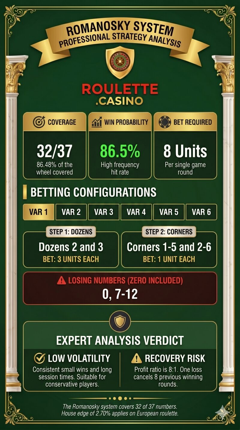 Romanosky roulette system — coverage, win probability, betting configurations and expert analysis