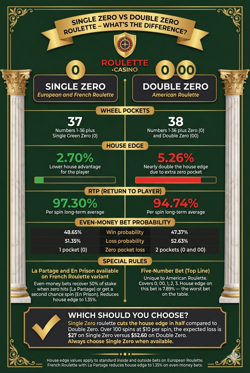 Single zero vs double zero roulette — house edge, pockets, RTP and special rules compared